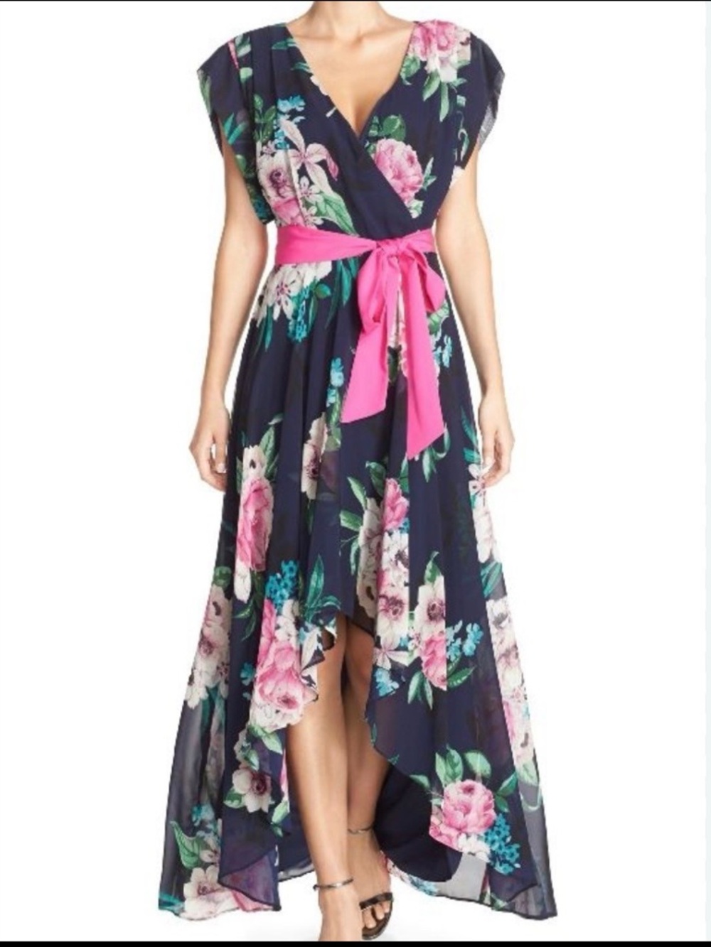 Eliza J Floral Navy Dress with Removable Hot Pink Belt or Bow